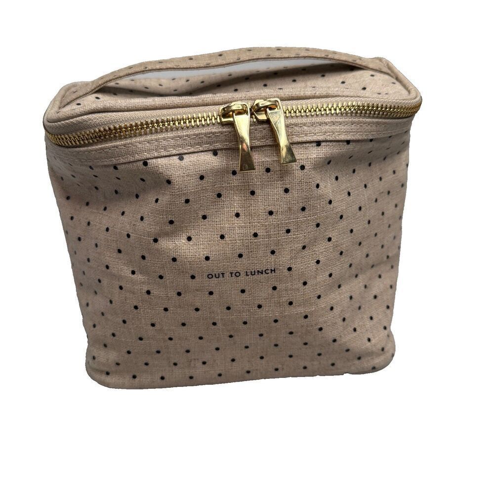 Kate Spade Out To Lunch Lunch Tote Tan Black Polka Dot Gold Zip Top Handle